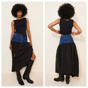 ESTHÉ denim & taffeta volume cut out maxi skirt